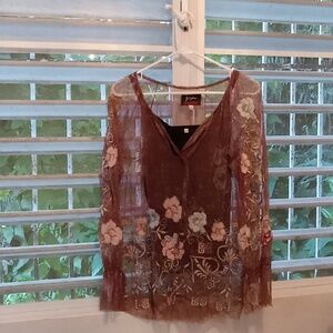 Johnny Was Biya Embroidered Mesh Top and Black Camisole